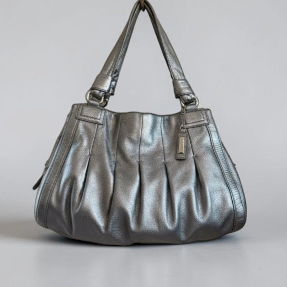 Cole Haan Metallic Silver Pebbled Leather Pleated Hobo Shoulder Bag Zip Top Tote